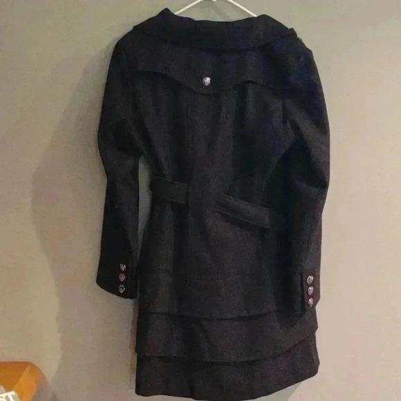 Guess black lined wool blend silver button army ruffle coat women's large - Picture 4 of 5